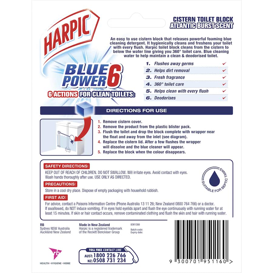 Harpic Blue Power Toilet Block in marine blue packaging, designed for efficient toilet cleaning and deodorizing with every flush.