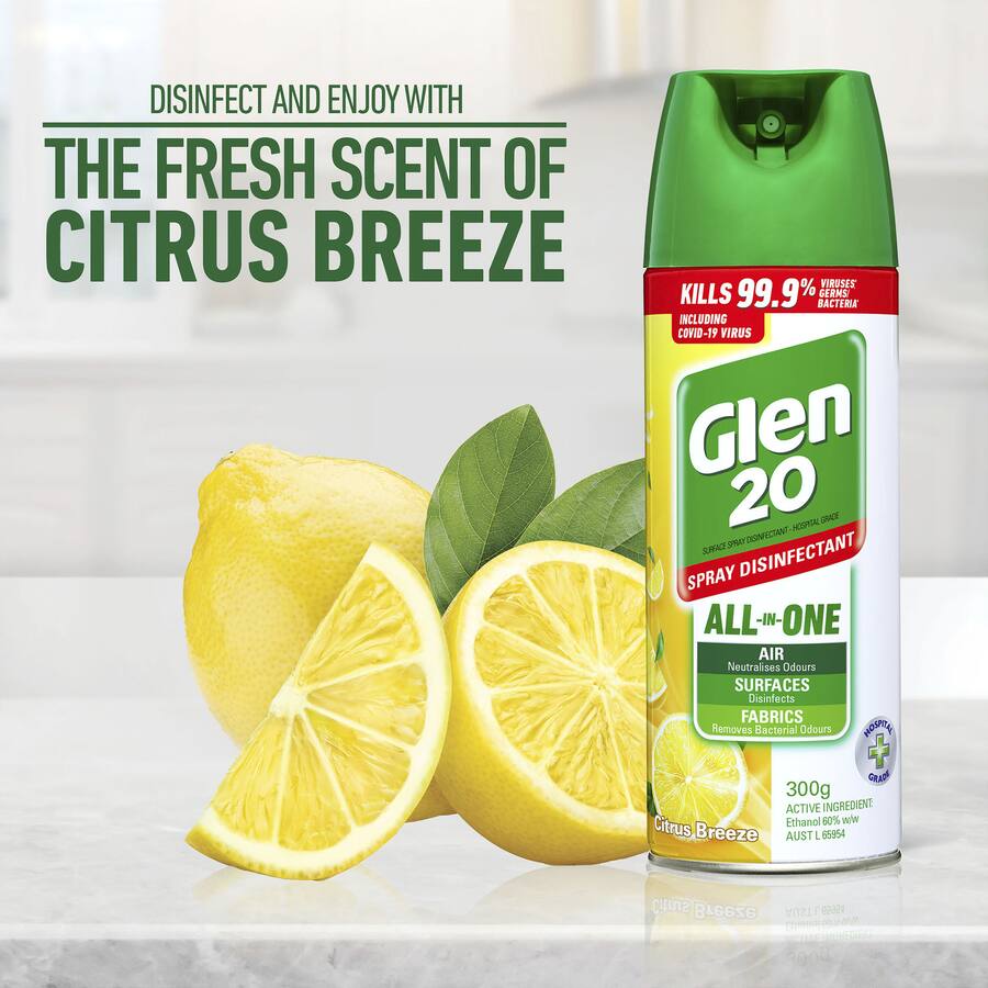 Glen 20 Disinfectant Spray Citrus Breeze, a powerful cleaner that kills 99.9% of germs with a refreshing citrus scent.