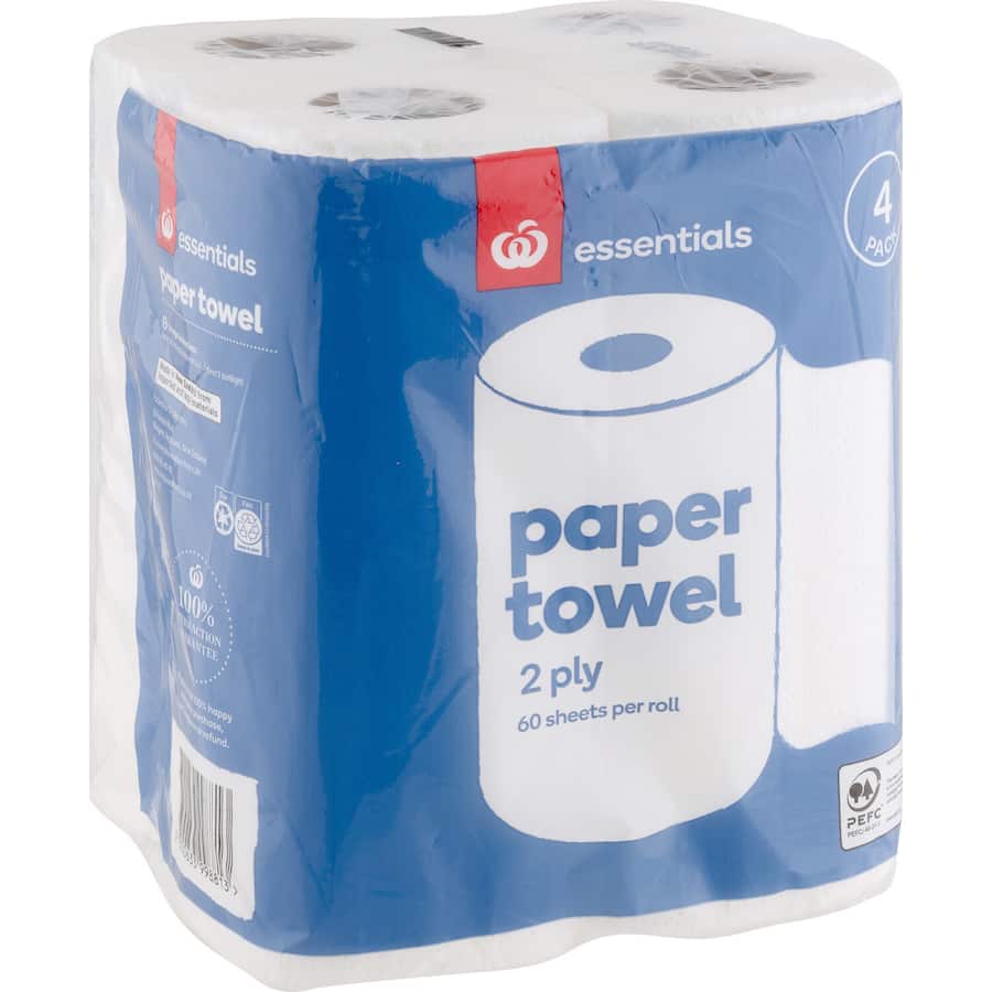 Essentials Paper Towels Chubb: 2-ply, 60 sheets per roll, absorbent, eco-friendly, made in New Zealand for versatile cleaning.