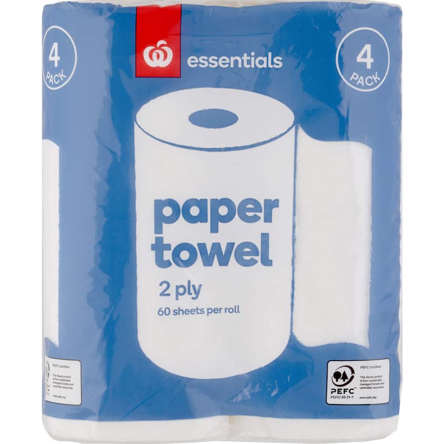Essentials Paper Towels Chubb, 2-ply, 60 sheets per roll, eco-friendly, durable, perfect for everyday cleaning in Kiwi kitchens.