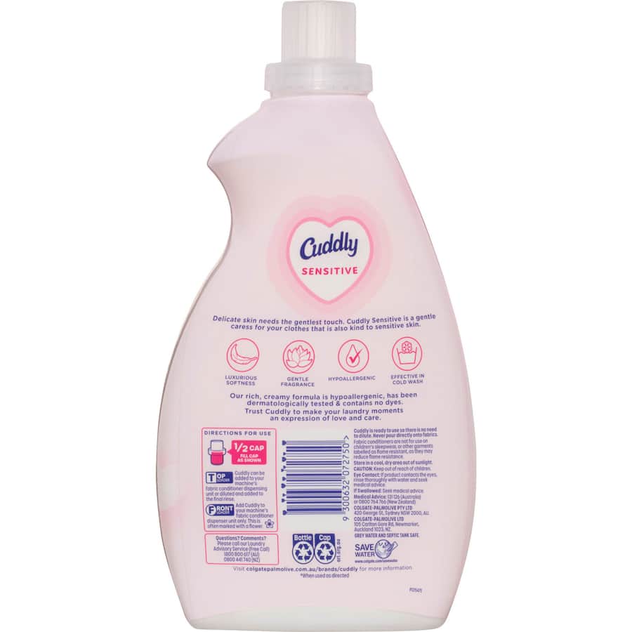Hypoallergenic Cuddly Concentrate Fabric Softener, gentle on sensitive skin, ensures ultra-soft laundry and reduced wrinkles.