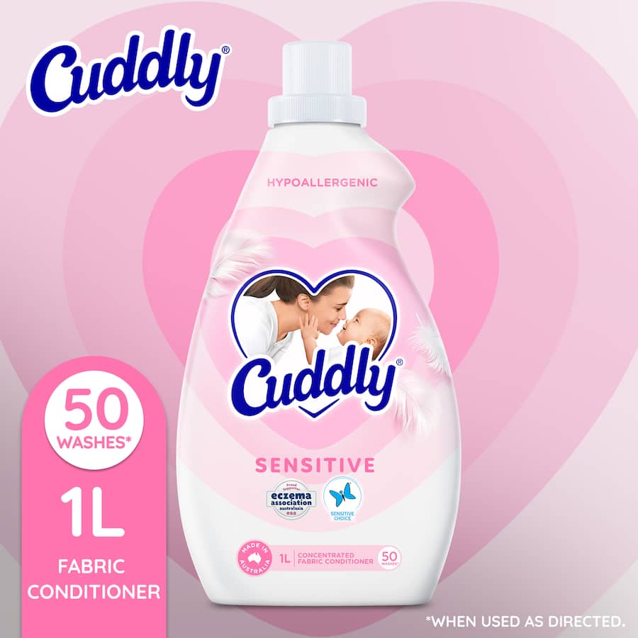 Cuddly Concentrate Fabric Softener, 1L, hypoallergenic, gentle for sensitive skin, reduces static, and offers luxurious softness.