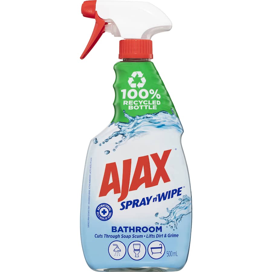 Ajax Spray N Wipe Bathroom Cleaner in a 500mL bottle, kills 99.9% of germs with a Fresh Burst scent, easy spray-and-wipe use.