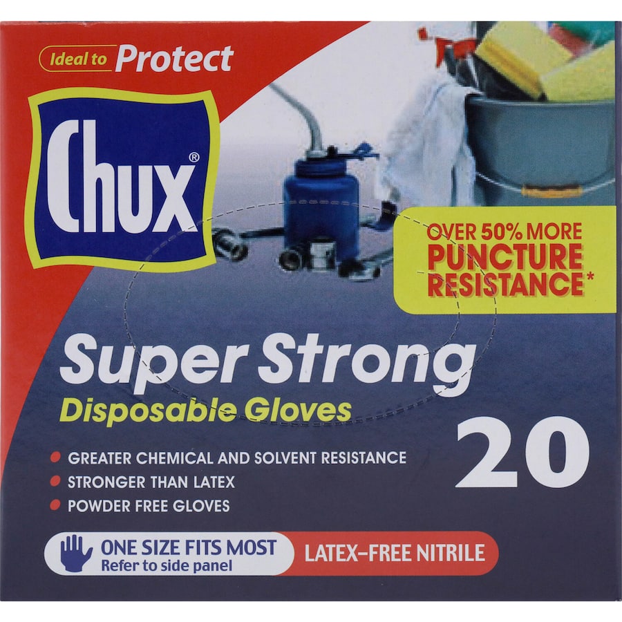 Chux Gloves Super Strong Disposable, durable, ambidextrous gloves for hygiene in food handling, cleaning, and medical applications.