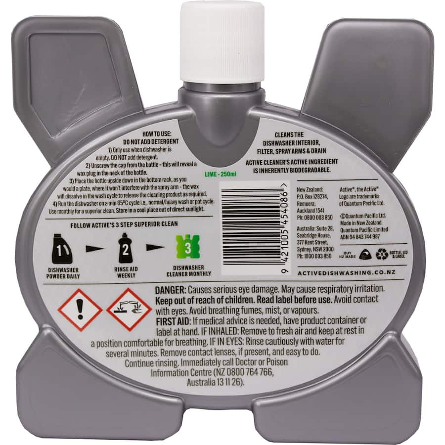 Active Dishwasher Cleaner with lime and baking soda, designed for a deep clean of all dishwasher types and removing built-up grime.