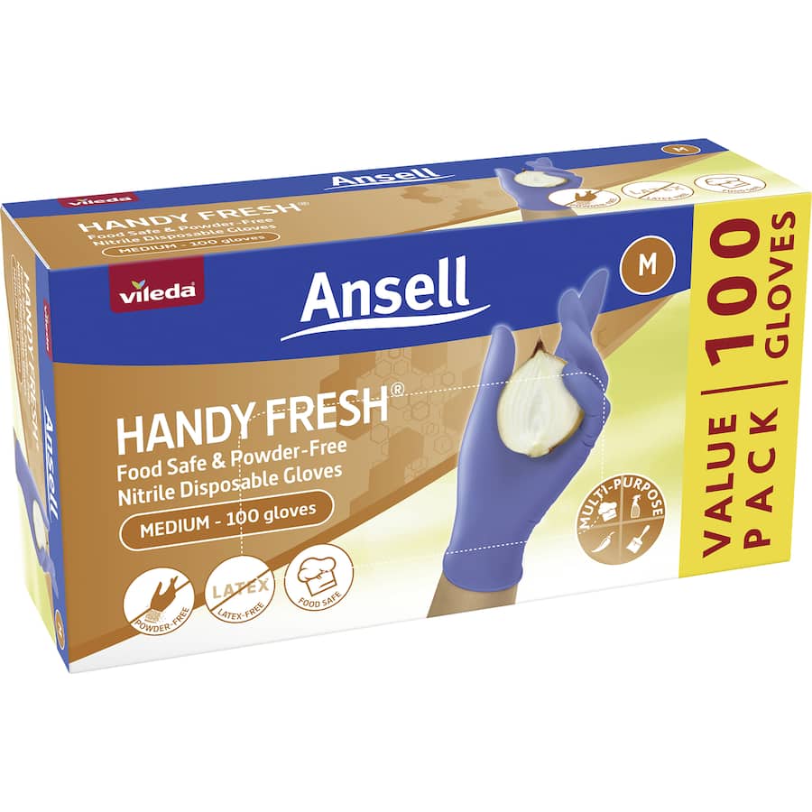Ansell Handy Fresh Nitrile Gloves in medium size, ideal for food handling, latex-free, and puncture-resistant for safe use.