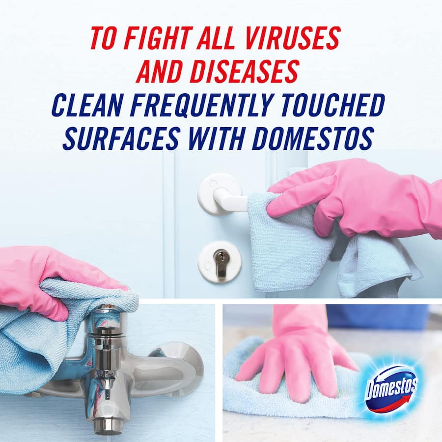 Domestos Multipurpose Bleach Regular, a powerful disinfectant that kills 99.9% of germs and tackles stains and odours.