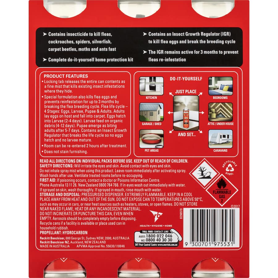 Mortein Kill & Protect Crawling Insect Bomb sprays a mist to eliminate fleas and crawling insects, safe for use in various areas.