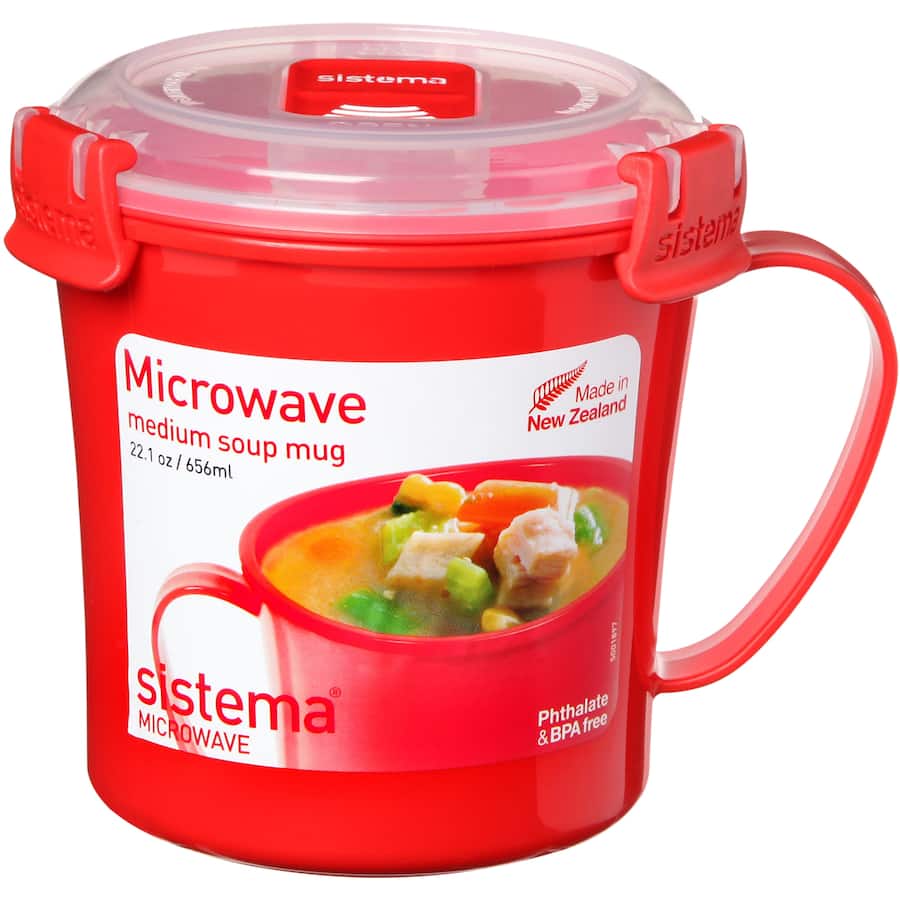 Sistema Klip It Container Soup Mug with easy-locking clips, steam vent, ideal for soups, microwave and dishwasher safe.