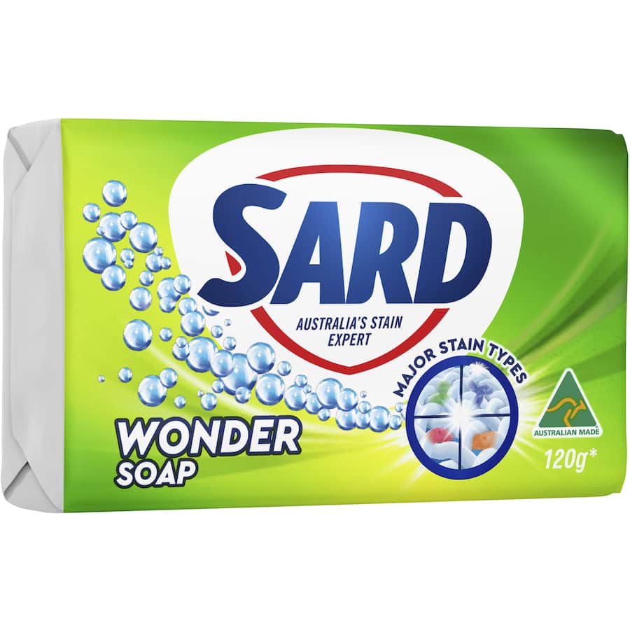 Sard Wonder Laundry Soap Stain Remover with eucalyptus removes tough stains and leaves fabrics fresh and clean.