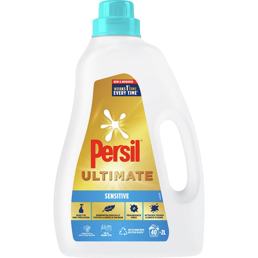 Persil Laundry Liquid Ultimate Sensitive bottle, designed for tough stains and sensitive skin, in eco-friendly packaging.