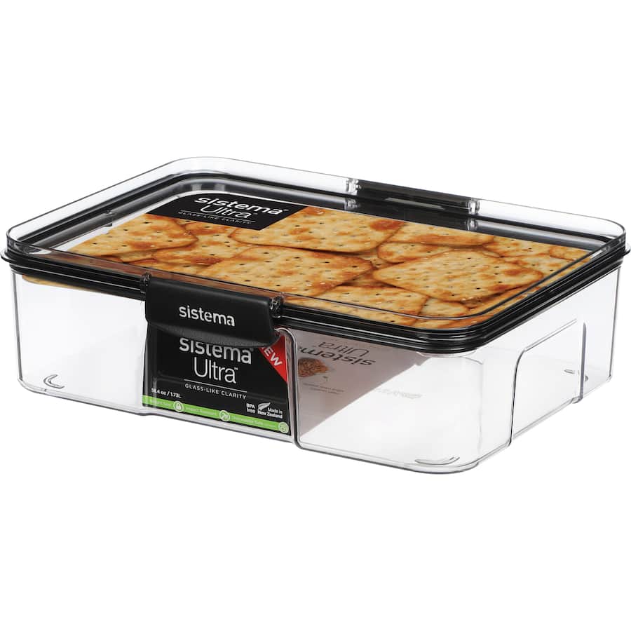 Ultra-clear 1.73L container with airtight seal, stackable design, and easy locking clips for efficient food storage.