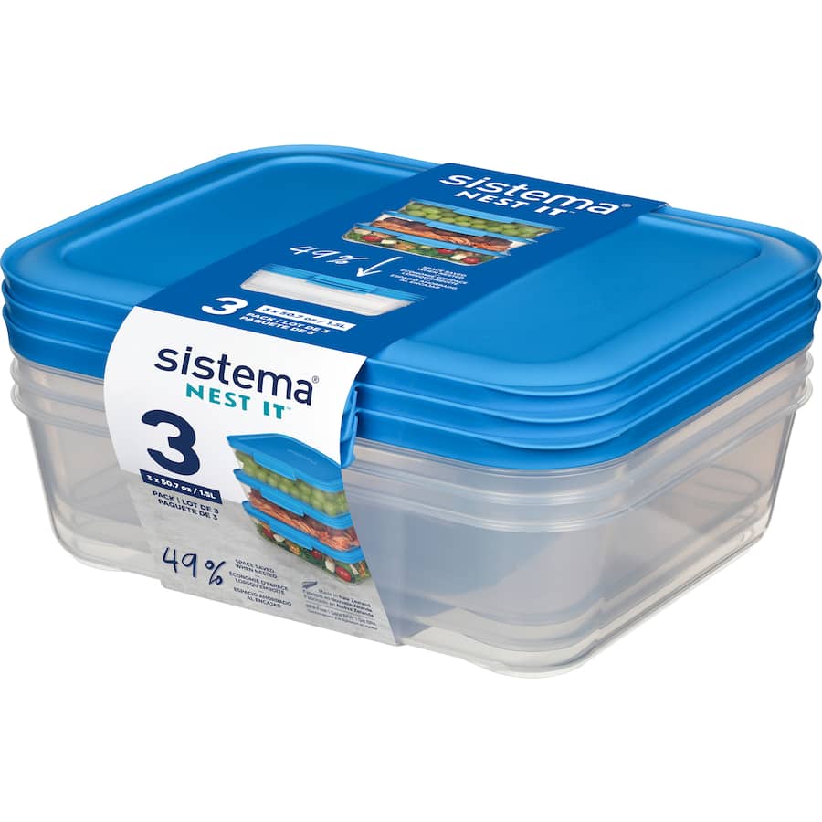 Clear, stackable Sistema Nest It Containers 1.5L for efficient meal prep and food storage, made from BPA-free plastic.
