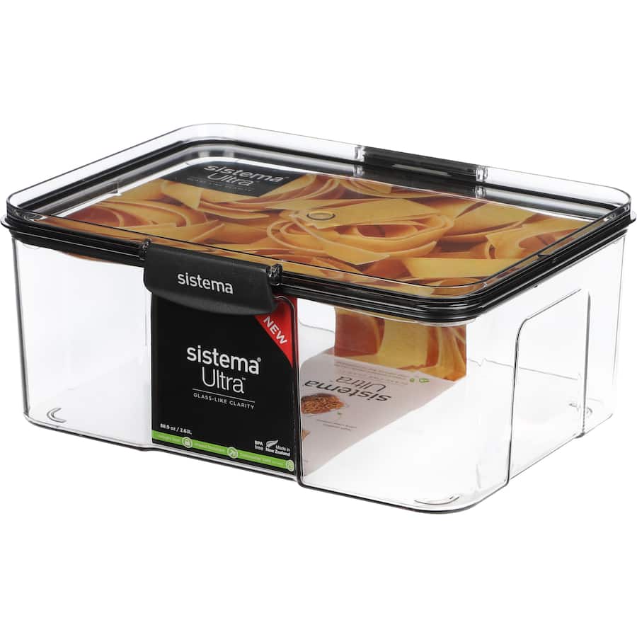 Ultra-clear, 2.63L rectangular container with locking clips, stackable for efficient food storage and organization.