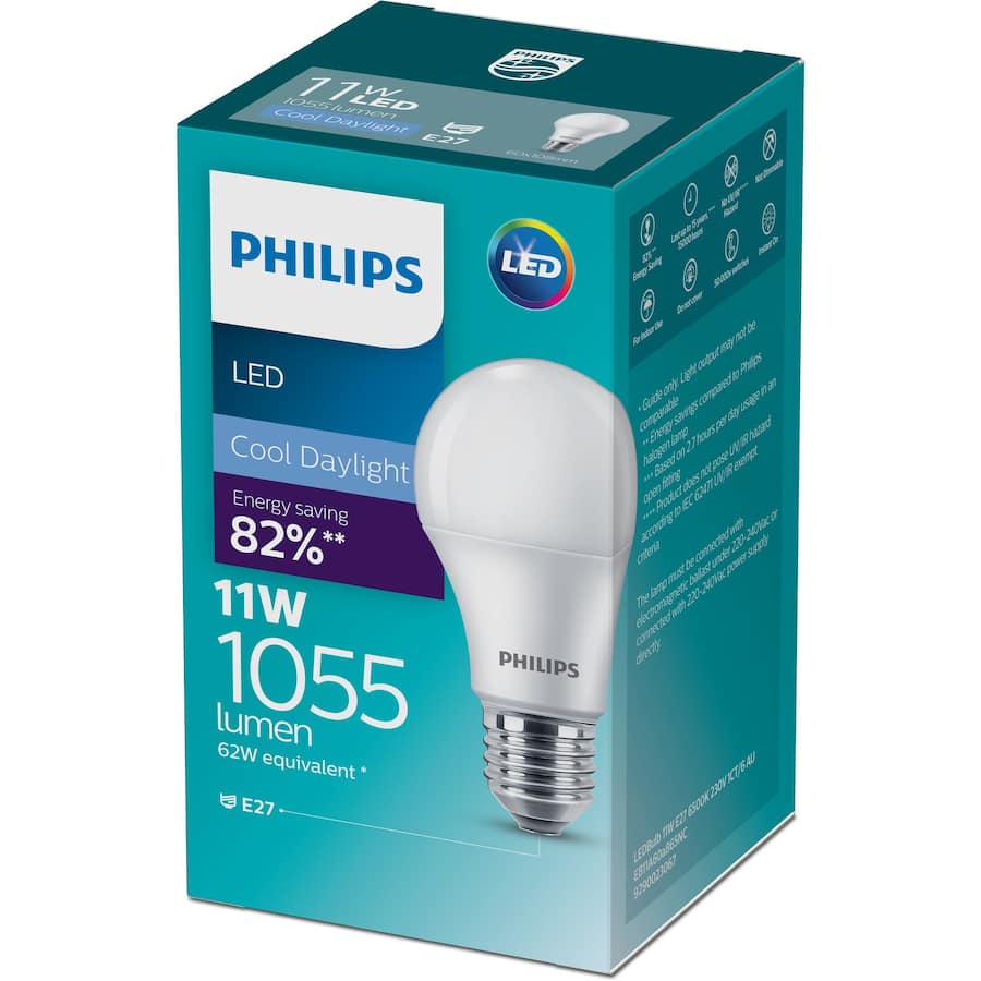 Philips 11W LED screw light bulb, 1055 lumens, cool daylight 6500K, energy-efficient for home lighting.