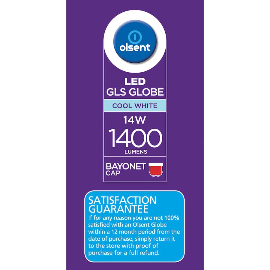 Olsent Bayonet Light Bulb Led 14w 1400 Lumen Cool 1pack
