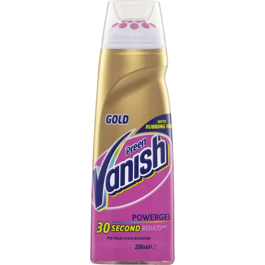 Vanish Preen Gold Stain Remover Power Gel with rubbing head removes tough stains like grass and wine in 30 seconds.