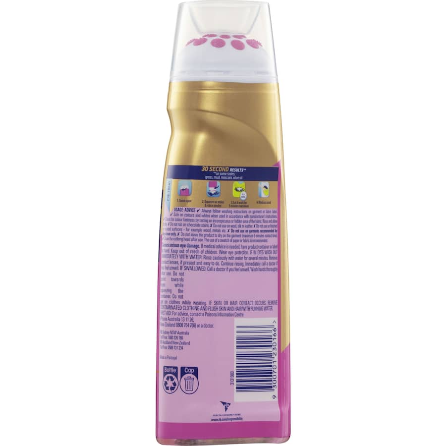 Vanish Preen Gold Stain Remover Power Gel with rubbing head for 30-second stain removal on tough marks like grass, lipstick, and wine.