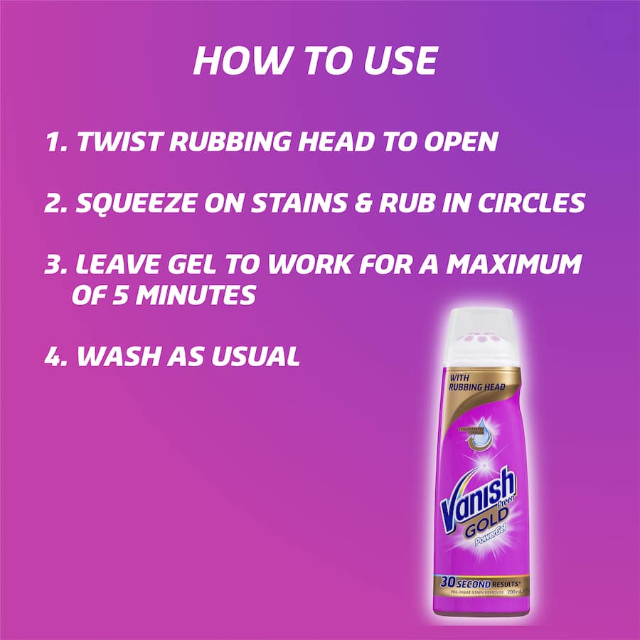 Vanish Preen Gold Stain Remover Power Gel with rubbing head effectively targets tough stains in just 30 seconds.