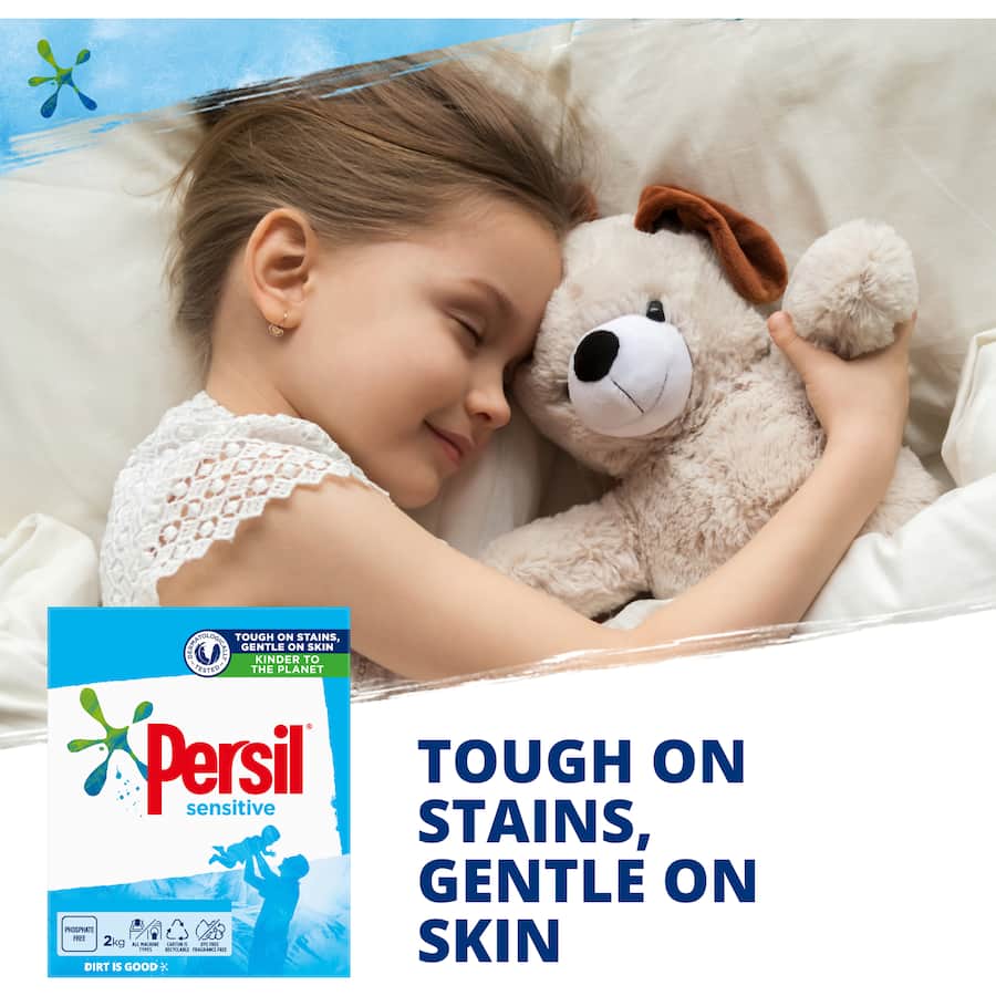 Persil Sensitive Laundry Powder for front and top loaders, offering strong stain removal while being gentle on sensitive skin.