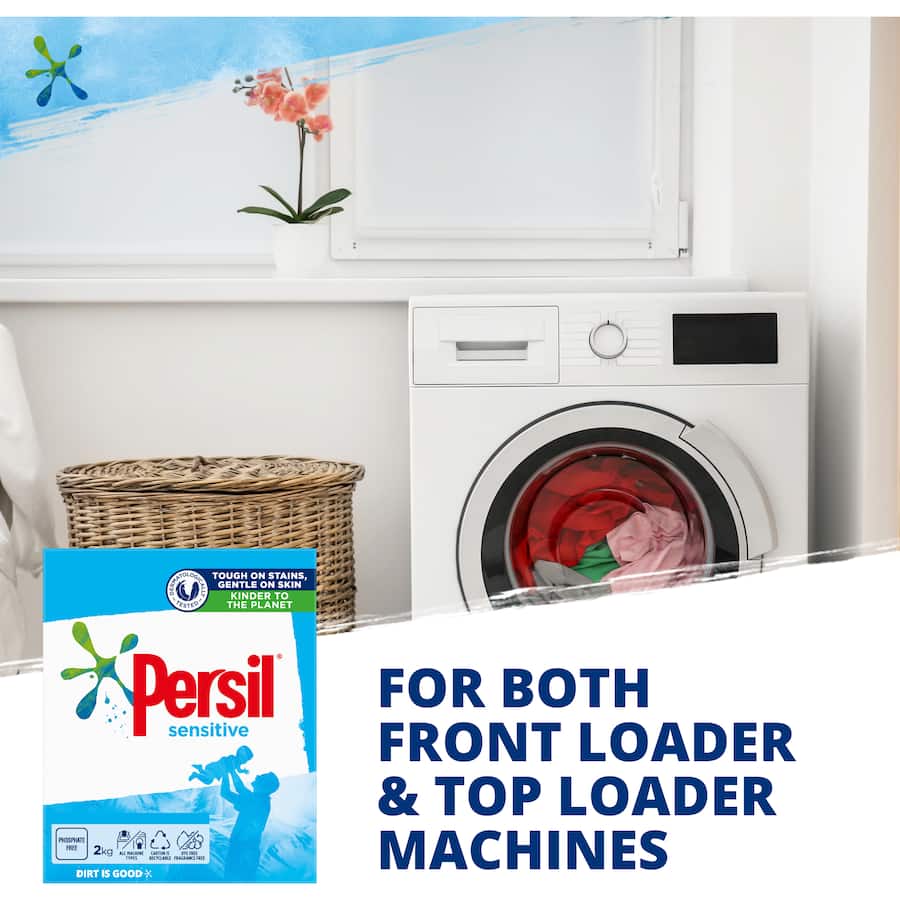 Persil Sensitive laundry powder in eco-friendly packaging, designed for tough stain removal while being skin-friendly.