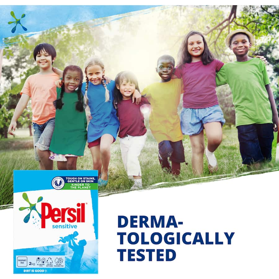Persil Front & Top Loader Laundry Powder Sensitive for tough stain removal, gentle on skin, fragrance-free, and eco-friendly.