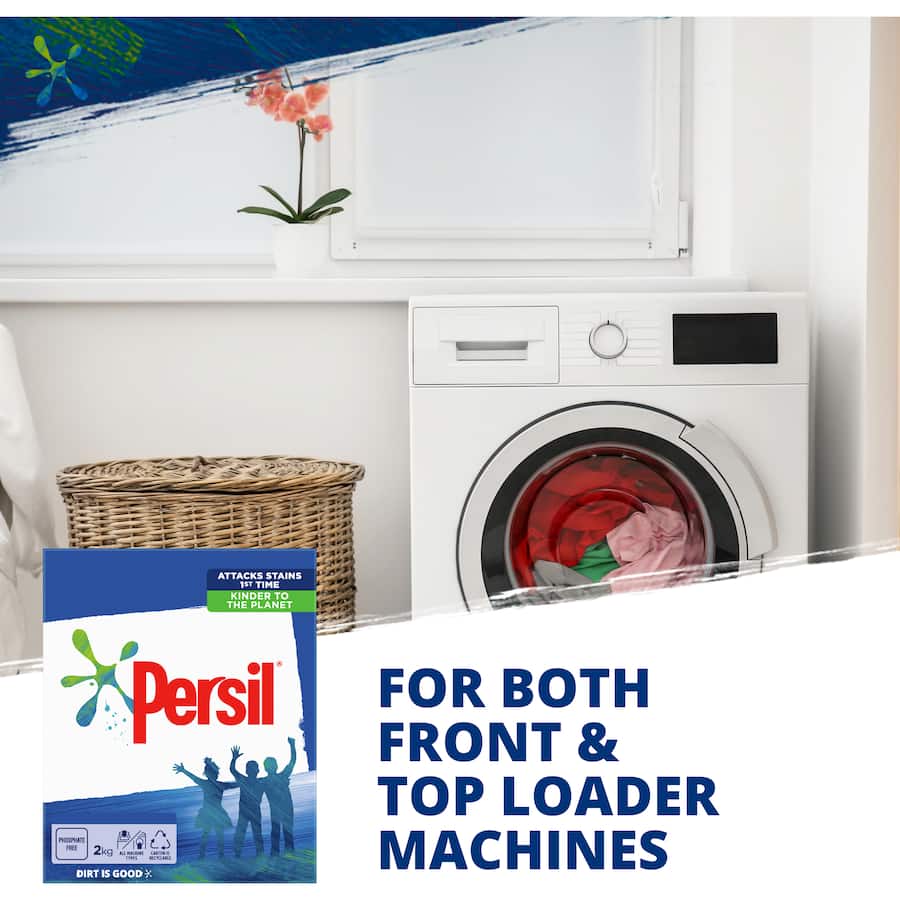 Persil Active Clean laundry powder for front & top loaders, effectively removes tough stains sustainably on first wash.