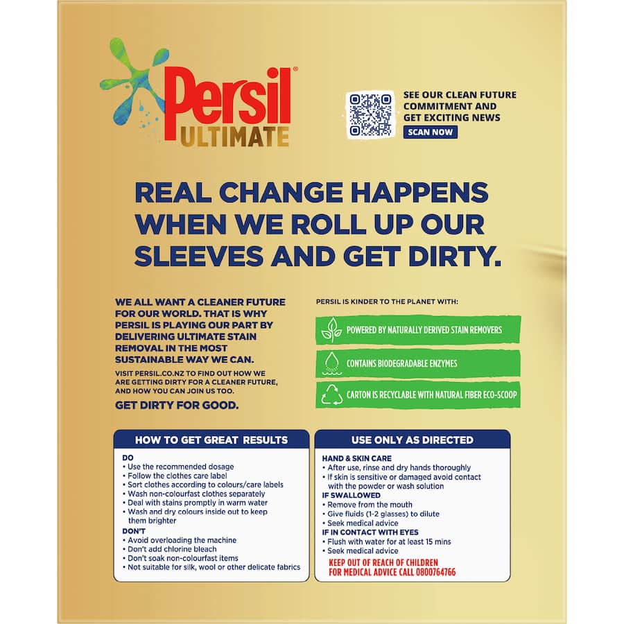 Persil Ultimate laundry powder: powerful stain removal for front and top loaders, eco-friendly, safe for grey water, and recyclable.