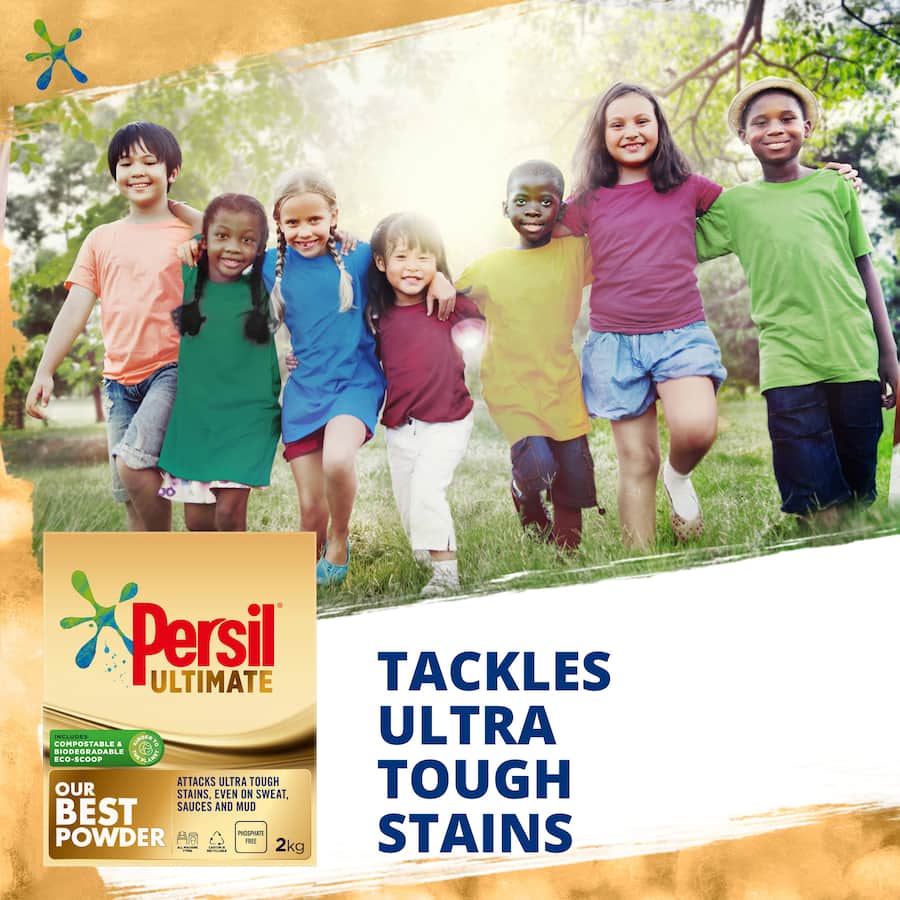 Persil Ultimate Laundry Powder for front and top loaders, tough on stains with eco-friendly, biodegradable formula in recyclable packaging.