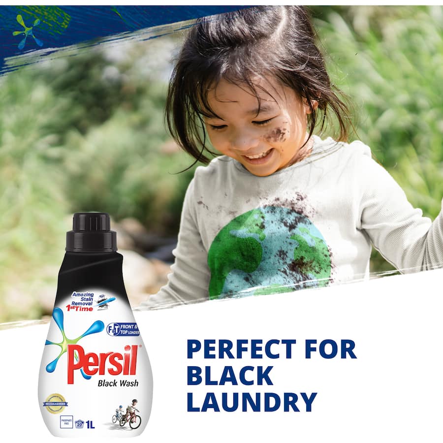 Persil Front & Top Loader Laundry Liquid Black Wash for tough stain removal while preserving dark colors, in a recyclable bottle.