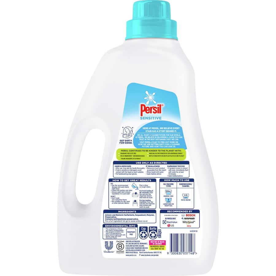 Persil Sensitive Laundry Liquid in a recyclable bottle, effective on tough stains while being gentle on sensitive skin.