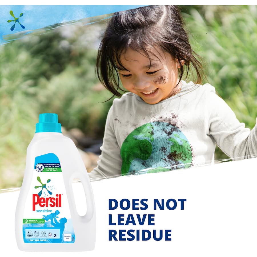 Persil Sensitive Laundry Liquid: tough on stains, gentle on skin, made with recyclable materials, and dermatologically tested.