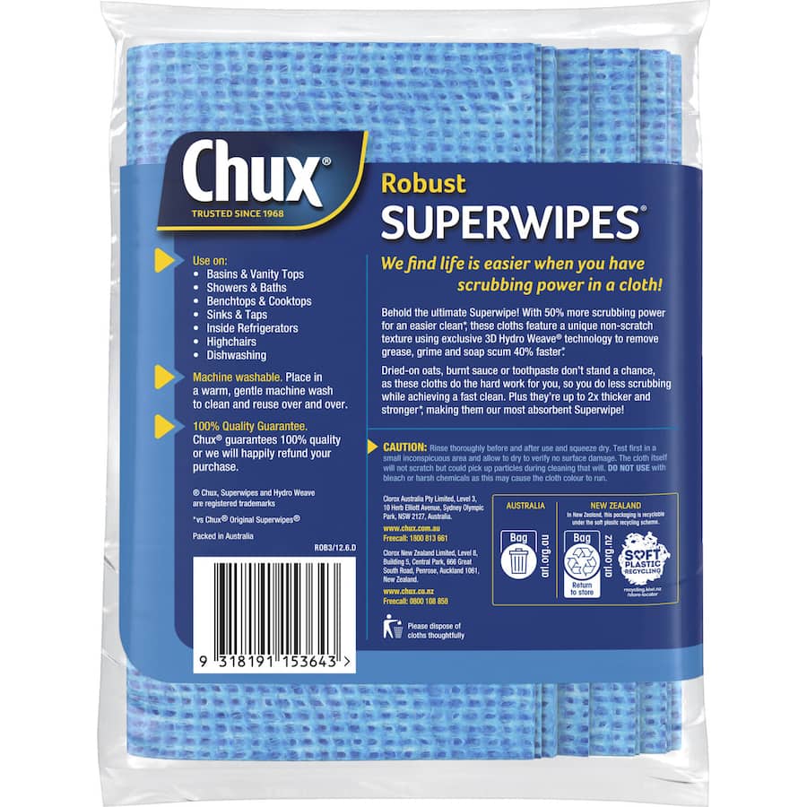 Chux Superwipes Robuste: durable cleaning wipes with bacteriostat technology for odor resistance and superior dirt pickup.