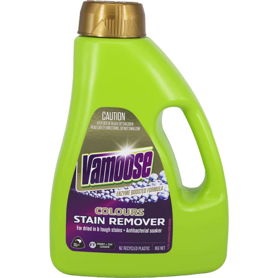 Vamoose Stain Remover Colours in eco-friendly bottle, targets tough stains and enhances fabric vibrancy with enzyme power.