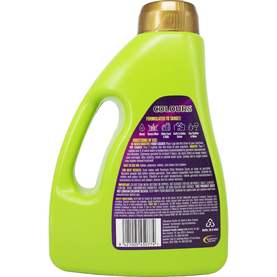 Vamoose Stain Remover Colours bottle with eco-friendly design, targets tough stains and enhances fabric vibrancy.