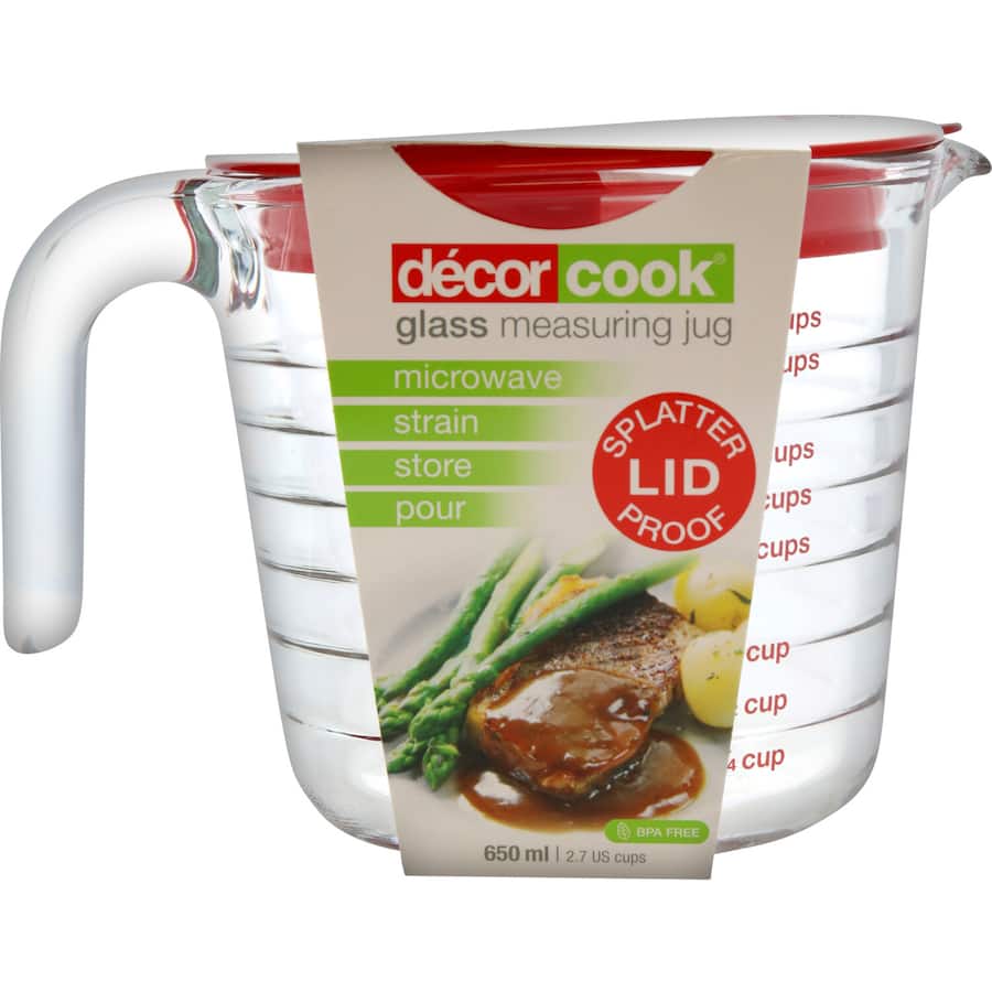 Glass measuring jug with splatter-proof lid features built-in strain, pour openings, and a unique stepped design for easy use.