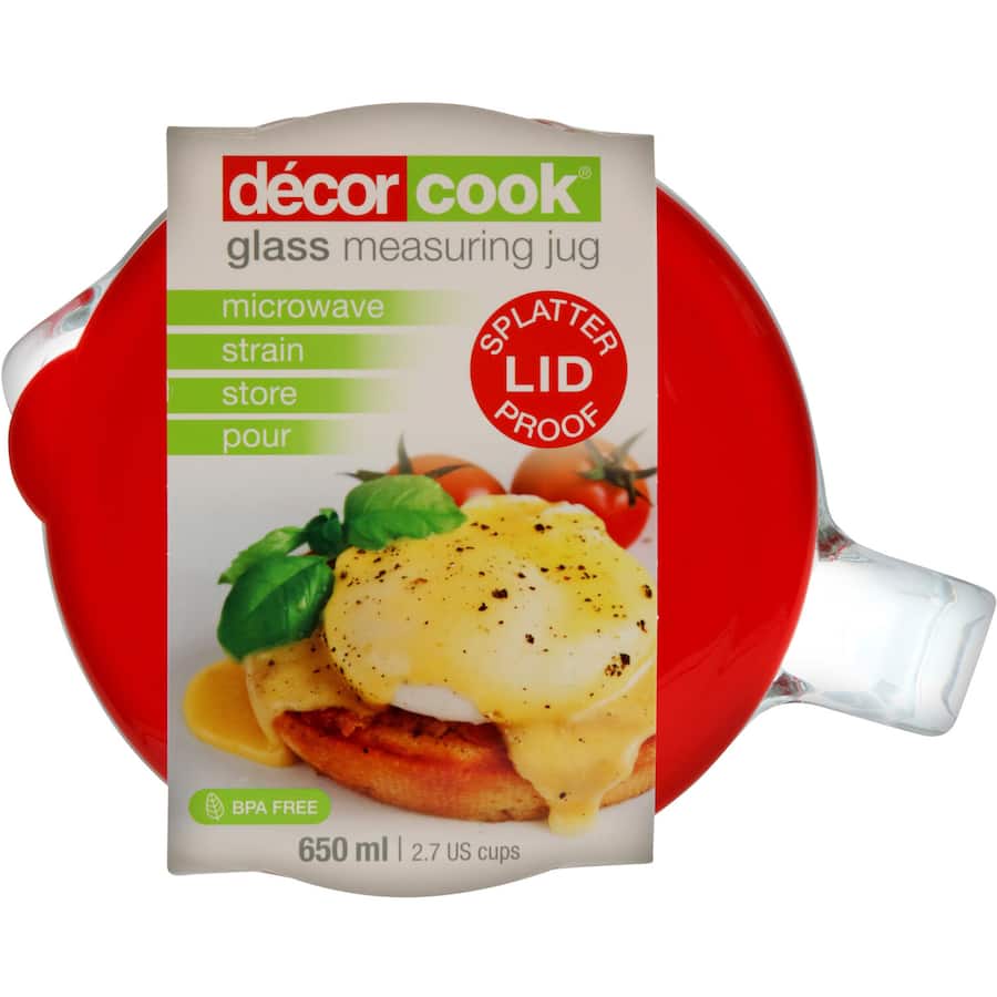 Decor Cook Jug Glass with Lid featuring a splatter-proof design, built-in strainer, and durable borosilicate construction.