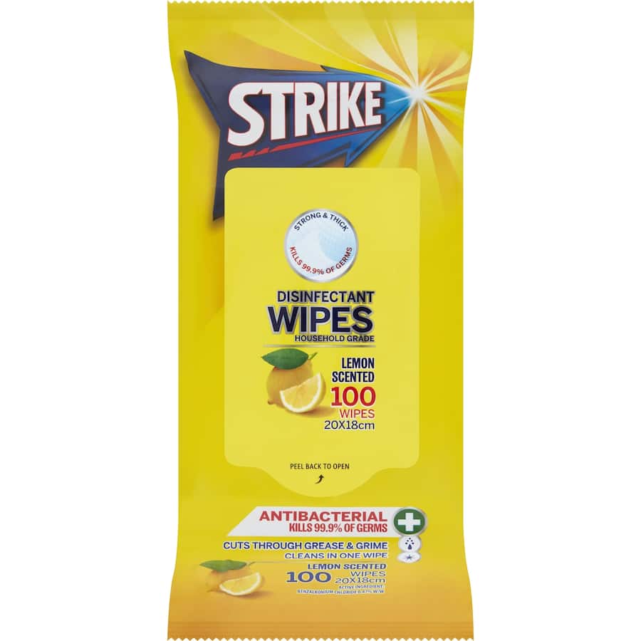 Strike Cleaning Wipes in lemon scent, ideal for disinfecting surfaces and eliminating 99.9% of germs efficiently.