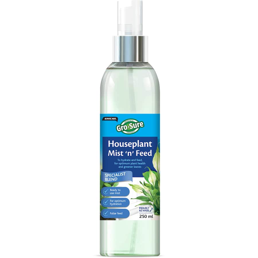 Kiwicare Gro-sure mist quickly hydrates and nourishes houseplants for vibrant leaves and optimal health.
