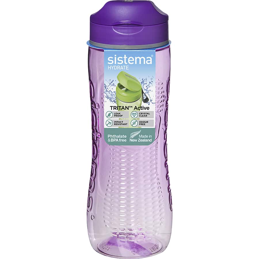 Durable and lightweight Sistema Active Drink Bottle Tritan with flip-top lid and finger loop for easy hydration on the go.