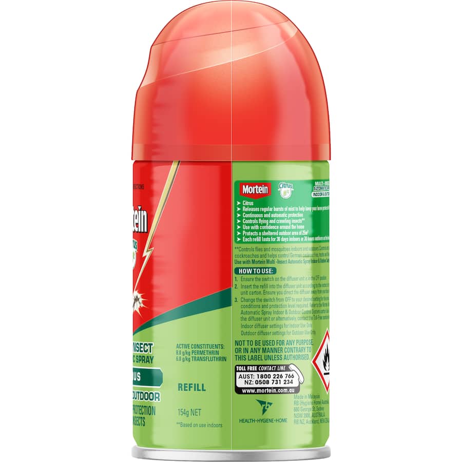 Mortein Naturgard Automatic Spray Refill in Eucalyptus for 30-day insect protection indoors and 30-hour outdoors with citrus fragrance.