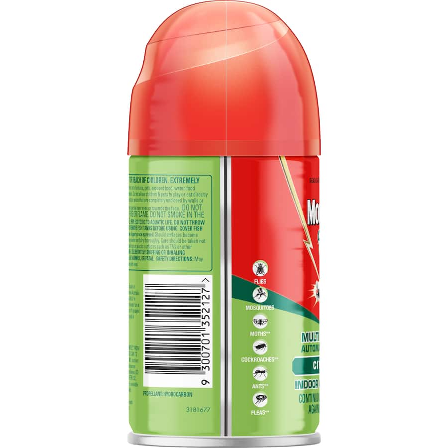 Mortein Naturgard automatic spray refill in eucalyptus for effective insect control, lasting 30 days indoors or 30 hours outdoors.