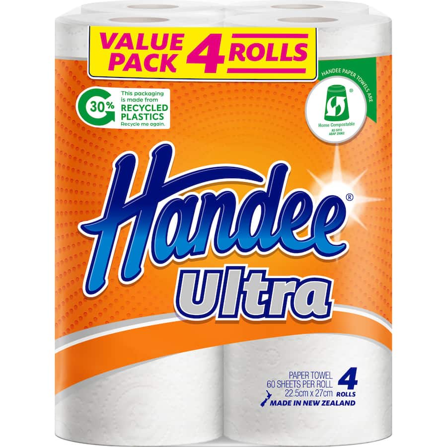 Handee Paper Towels Ultra: super absorbent, eco-friendly, 60 sheets per roll, ideal for wet and dry cleaning tasks.