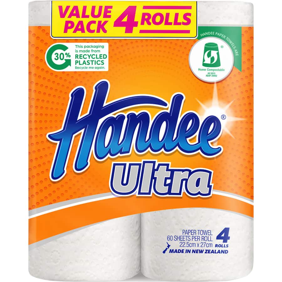 Handee Paper Towels Ultra: absorbent, ultra-strong rolls with 60 sheets, eco-friendly, and made in New Zealand.