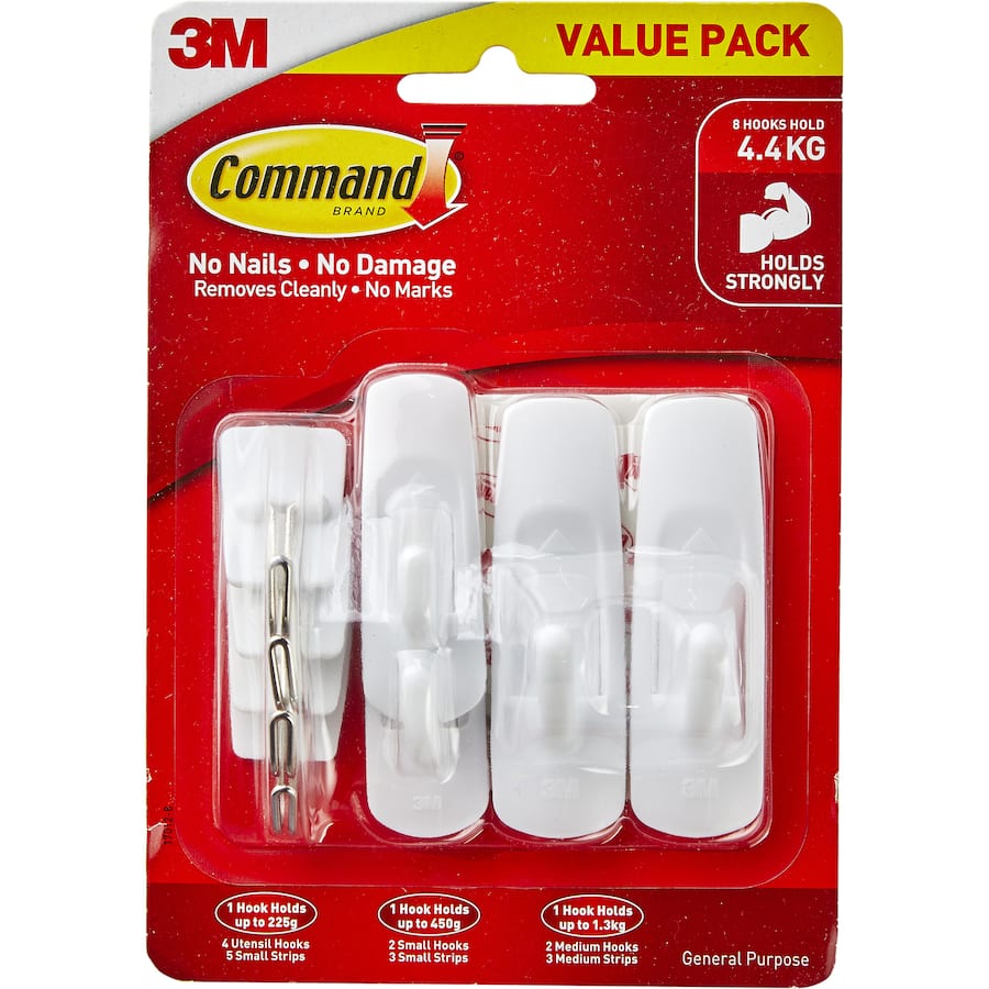 Versatile 8-pack of 3M Command mixed hooks for damage-free hanging and organization without wall damage.