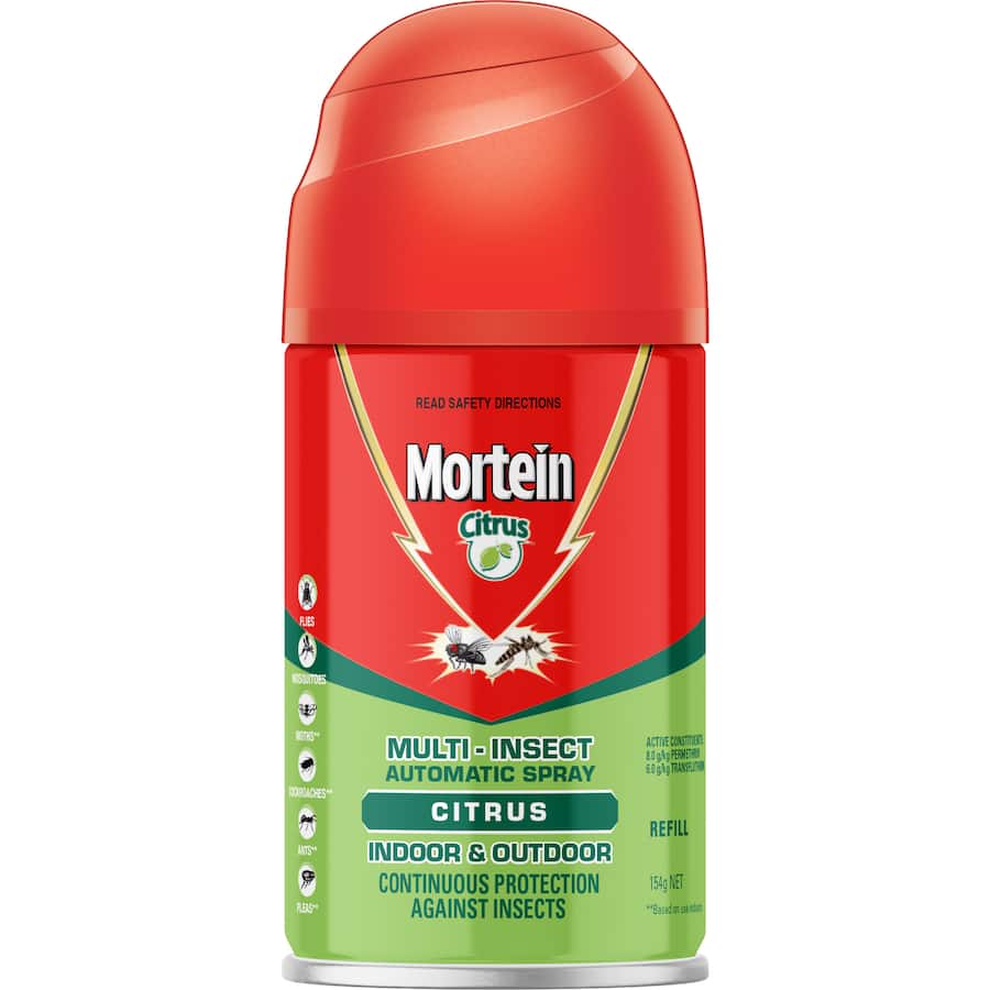 Mortein Naturgard Automatic Insect Control spray refill, designed for 30 days of insect protection with citrus fragrance.