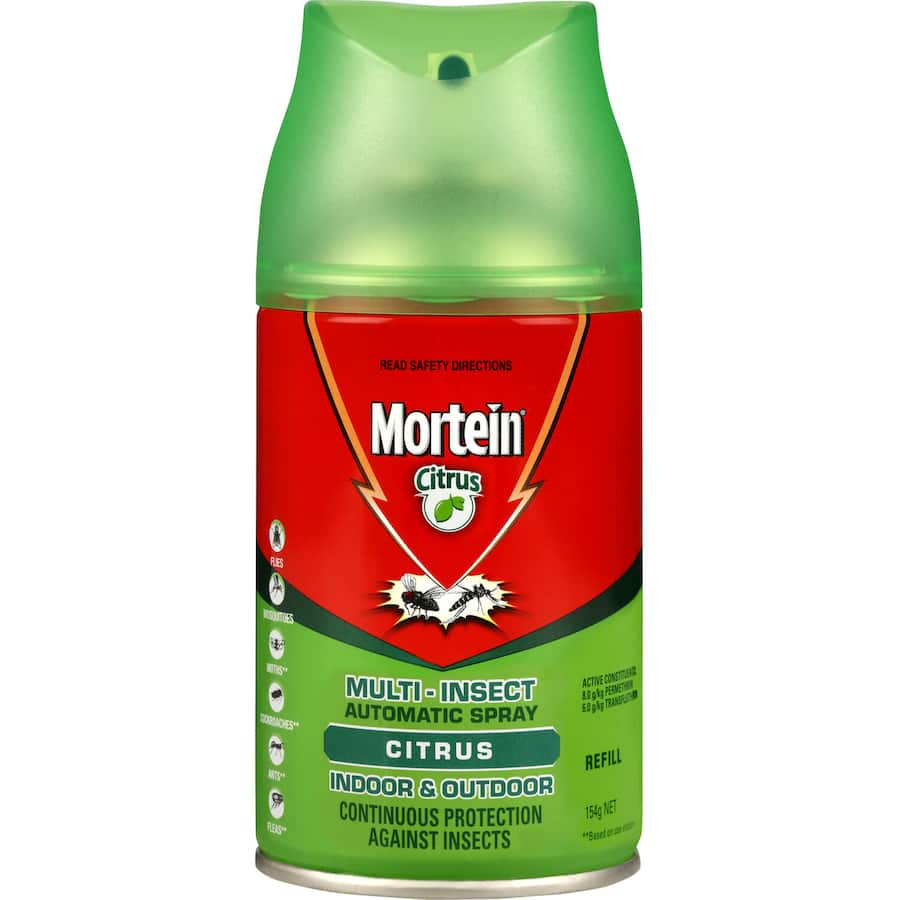 Mortein Naturgard Automatic Insect Control spray refill for pest-free living with citrus scent, lasting 30 days indoors or 30 hours outdoors.