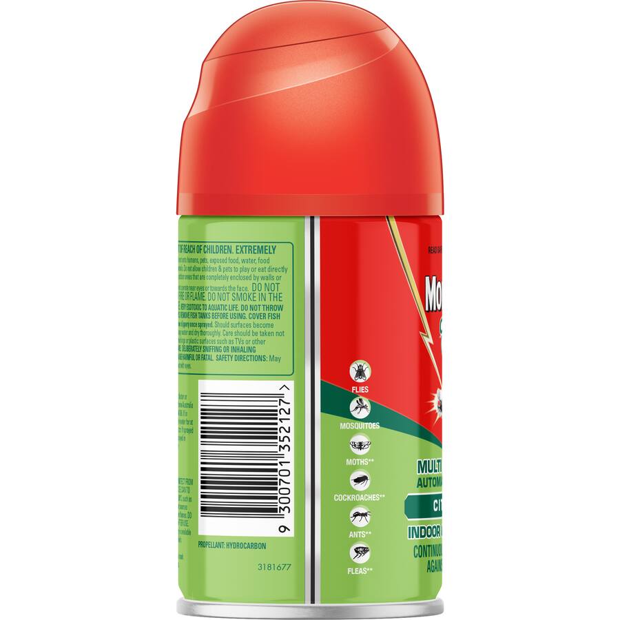Mortein Naturgard Automatic Insect Control spray dispenser, offers continuous pest protection with citrus fragrance for indoor and outdoor use.