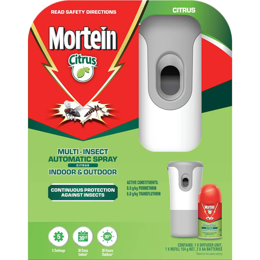Mortein automatic insect spray diffuser in citrus scent, offering 30 days indoor and 30 hours outdoor pest protection.