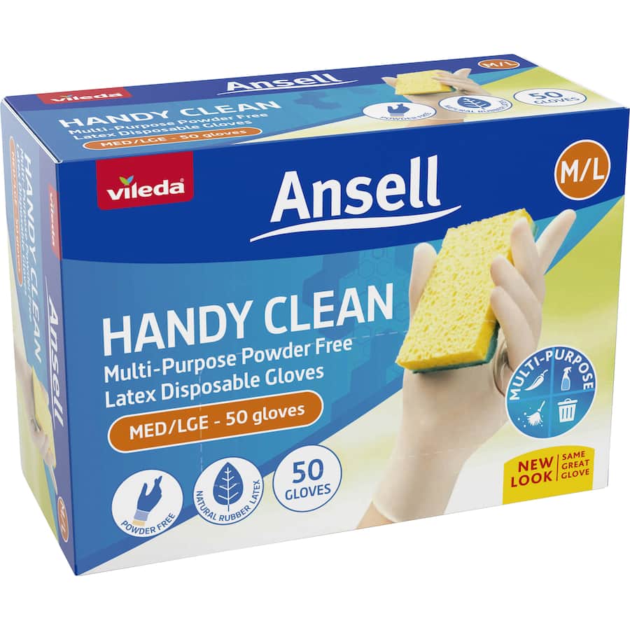 Vileda Ansell Handy Clean Latex Gloves M/l 50pack